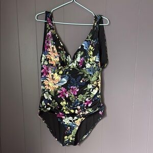 Time and Tru Floral One Piece Swimsuit - Black and Multicolor
